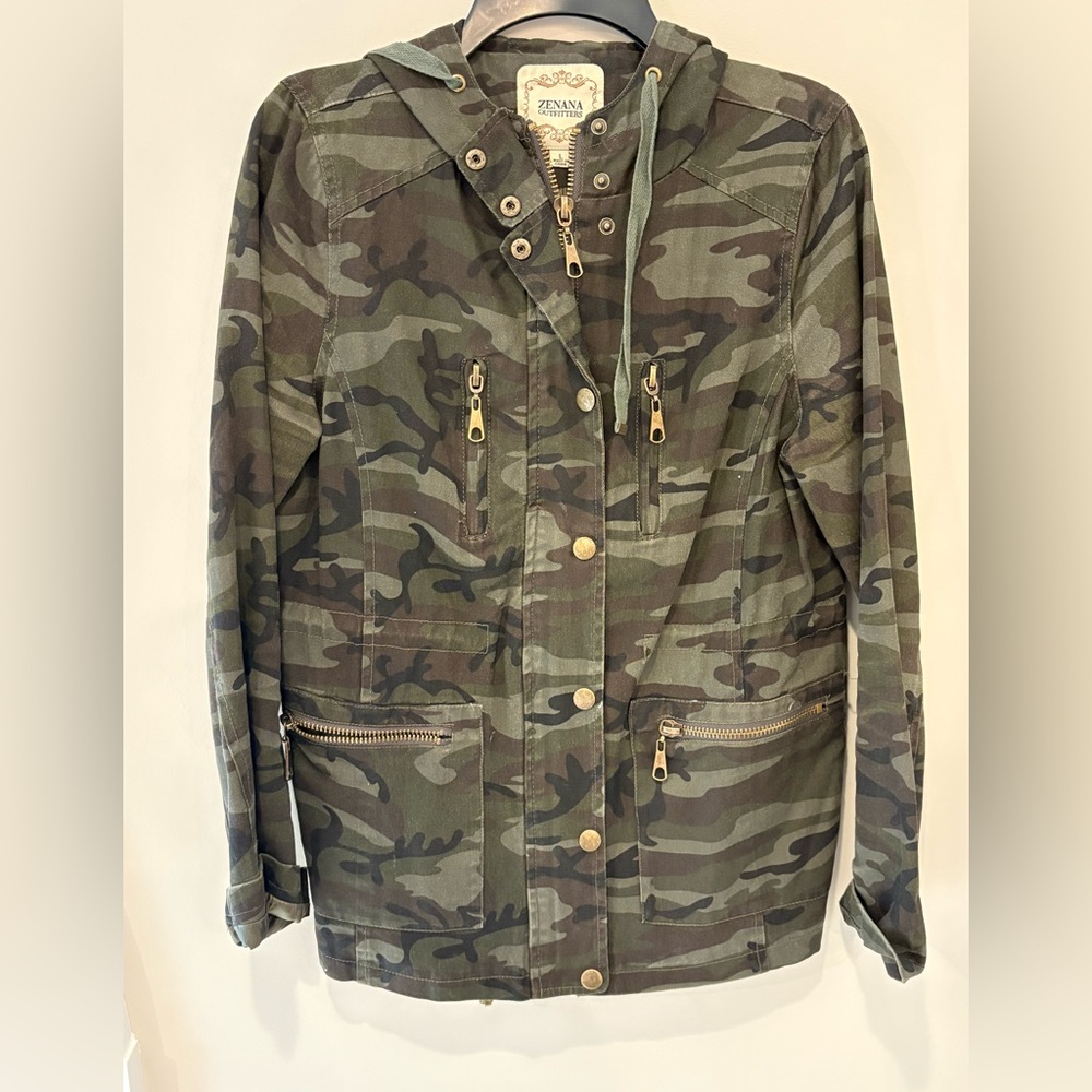Zenana Outfitters Camouflage Jacket with Gold Accents
